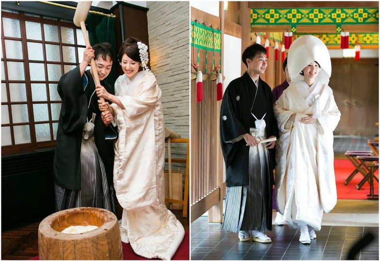 Юри и ее муж в день свадьбы в традиционном кимоно. В современной Японии, как правило, невеста переодевается в европейское платье после всех церемоний. 