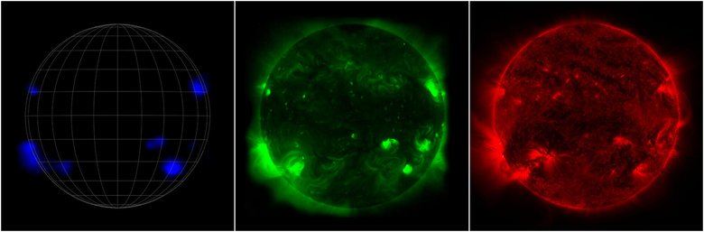 Солнце выглядит по-разному в зависимости от того, кто на него смотрит. Слева направо: NuSTAR видит высокоэнергетическое рентгеновское излучение, XRT — рентгеновские лучи с более низкой энергией, AIA — ультрафиолетовое излучение. Фото: NASA/JPL-Caltech/JAXA