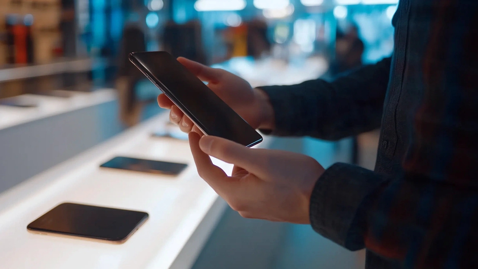 покупатель со смартфоном в руке покупатель со смартфоном в руке
