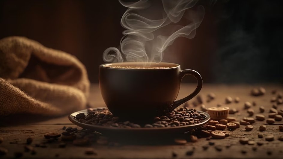 На столе лежит мешок, рассыпаны зерна кофе, стоит чашка с горячим напитком, от которого идет пар, в блюдце под чашкой - зерна кофе.