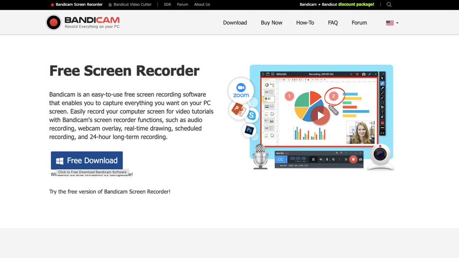 Скриншот главной страницы сайта программы Bandicam Screen Recorder для записи видео с экрана компьютера