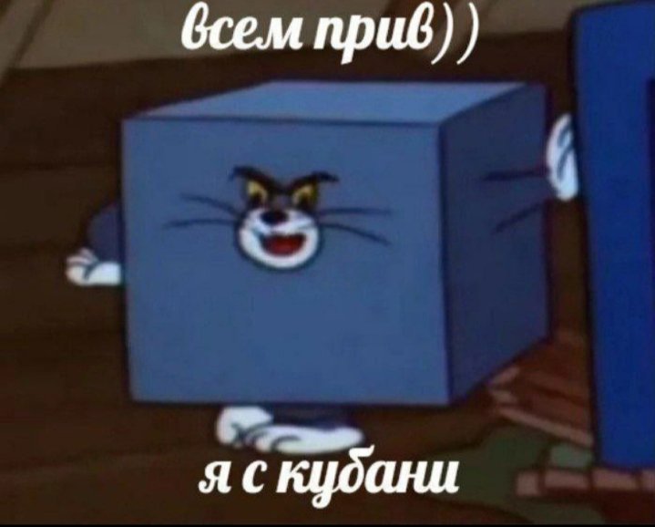На изображении персонаж Том из мультфильма «Том и Джерри» в форме куба выглядывает из-за стены с хитрой улыбкой. Наверху надпись: «всем прив))», внизу — «я с кубани». На изображении персонаж Том из мультфильма «Том и Джерри» в форме куба выглядывает из-за стены с хитрой улыбкой. Наверху надпись: «всем прив))», внизу — «я с кубани».