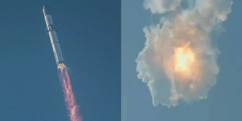 Момент взрыва виден справа. Кадр из трансляции SpaceX