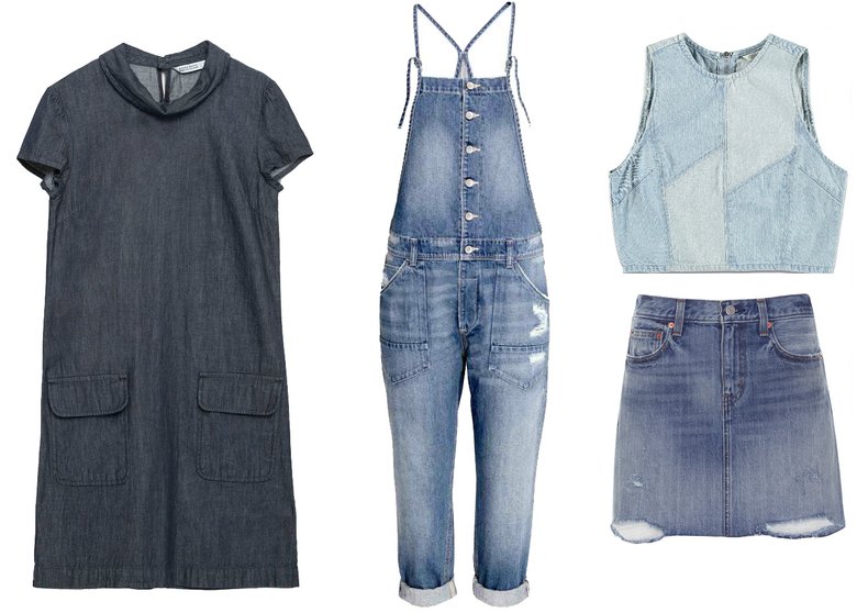 Слева направо: джинсовое платье Zara, 2 999 руб.; комбинезон H&M, 2 999 руб.; топ Forever 21, 1 600 руб.; юбка Levi's, 4 500 руб.
