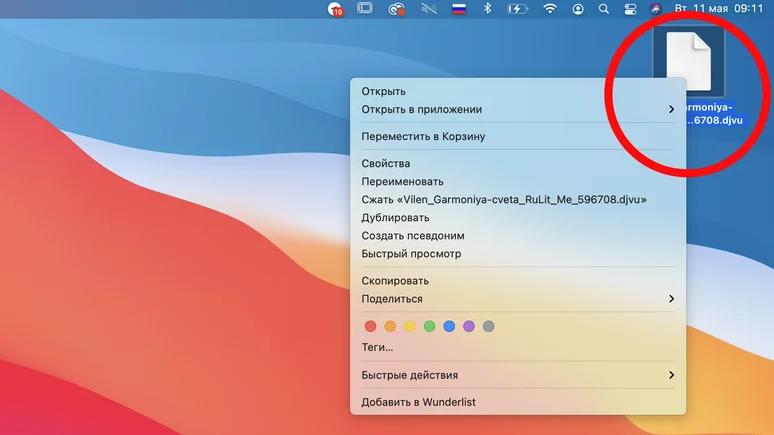 На рабочем столе компьютера с операционной системой macOS открыт контекстное меню для файла с расширением .djvu