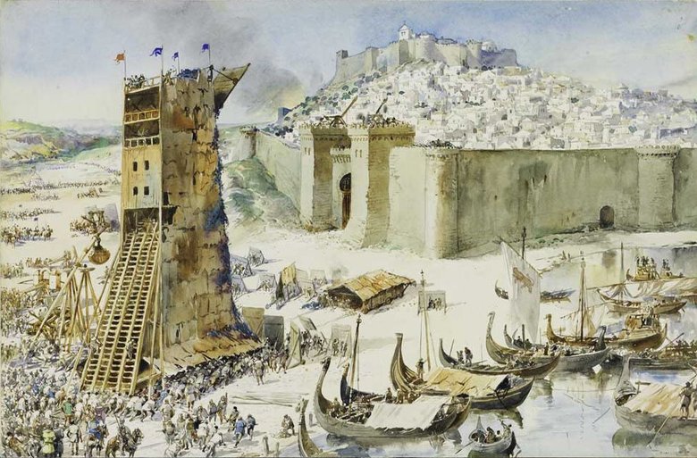 «Завоевание Лиссабона», Картина Альфредо Гамейро Роке (1917 г.), посвященная Реконкисте 1147 г.  Фото: Wikimedia / Roque Gameiro / Общественное достояние