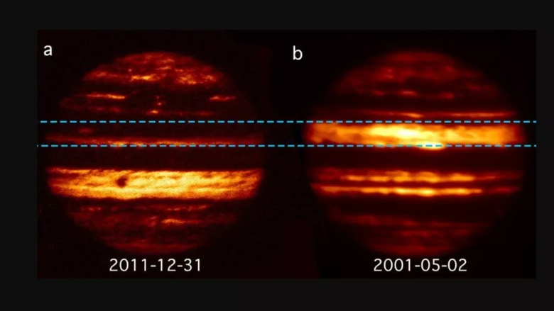 Два инфракрасных снимка Юпитера, сделанных наземным телескопом с интервалом в 10 лет. Они демонстрируют изменения в полосах с течением времени. Фото: NASA