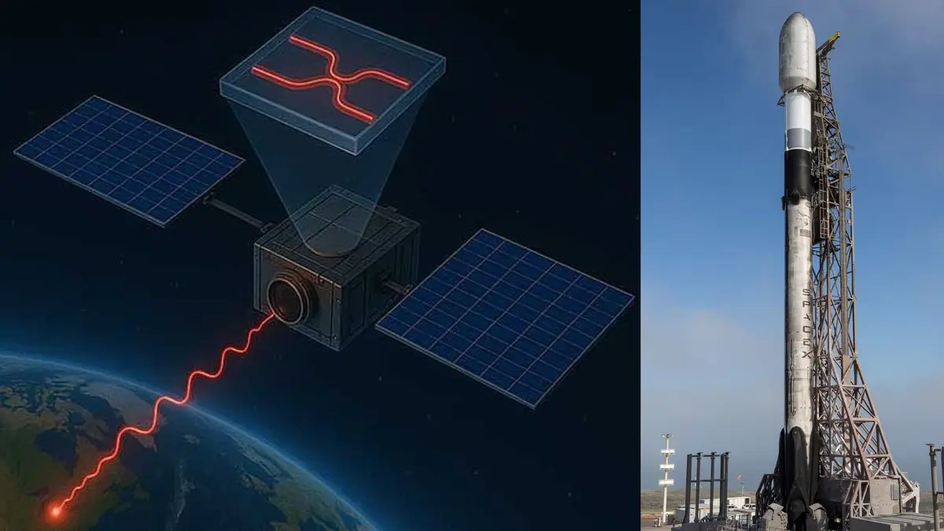Иллюстрация спутника с квантовым компьютером (слева), запуск ракеты Falcon 9 миссии Transporter-14 (справа) Иллюстрация спутника с квантовым компьютером (слева), запуск ракеты Falcon 9 миссии Transporter-14 (справа)