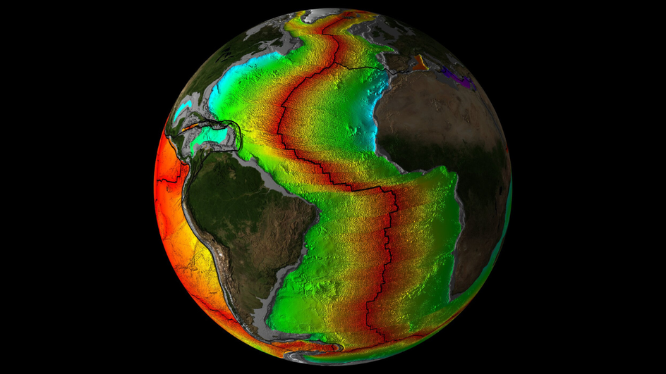 Диаграмма, показывающая возраст коры под Атлантическим океаном. Красный цвет — недавно образовавшаяся кора, синий — самая старая кора