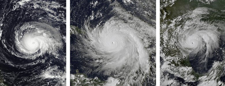 Ураганы «Ирма», «Мария» и «Харви». Фото: Wikimedia / (NOAA’s GOES-16 satellite, The Naval Research Laboratory, National Oceanic and Atmospheric Administration)