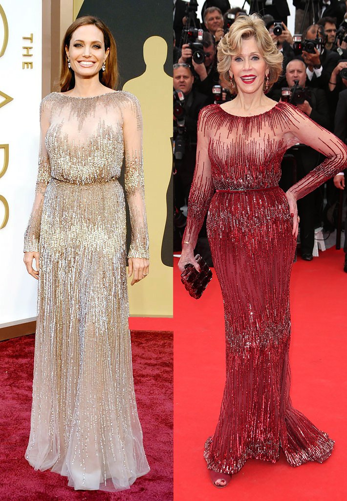 Эффектное вечернее платье от Elie Saab пришлось по душе сразу двум звездам — Анджелина Джоли (слева) выбрала вариант цвета nude, а Джейн Фонда предпочла алый наряд