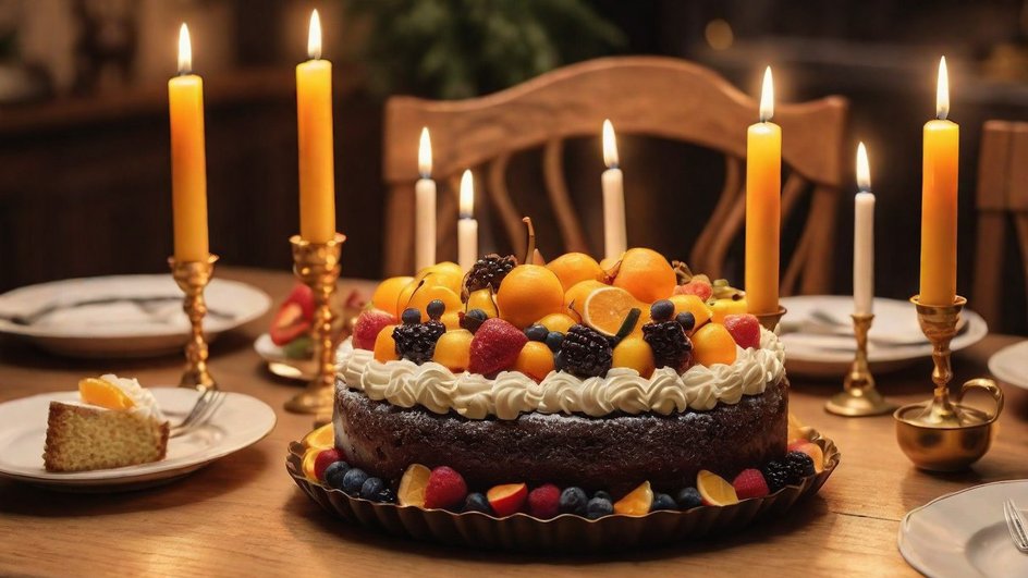 На столе торт с фруктами, тарелки, свечи, за столом торчит спинка стула