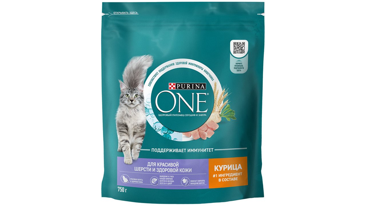 Сухой корм Purina ONE® полнорационный для взрослых кошек для красивой шерсти, здоровой кожи и контроля образования волосяных комков, с высоким содержанием курицы