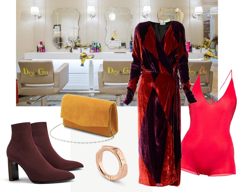 Платье ATTICO (yoox.com); боди Le Journal Intime; ботильны Zara; сумка Boohoo; кольцо Ampersand