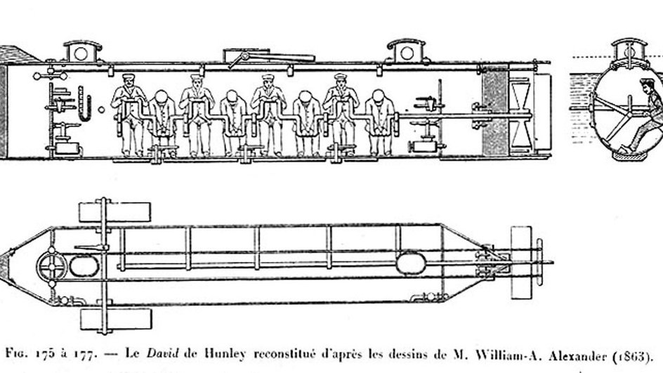 Старинная схема подводной лодки «Ханли» в разрезе. На схеме допущена ошибка: в экипаже было 8 человек, но гребцов — только 7 / Wikimedia