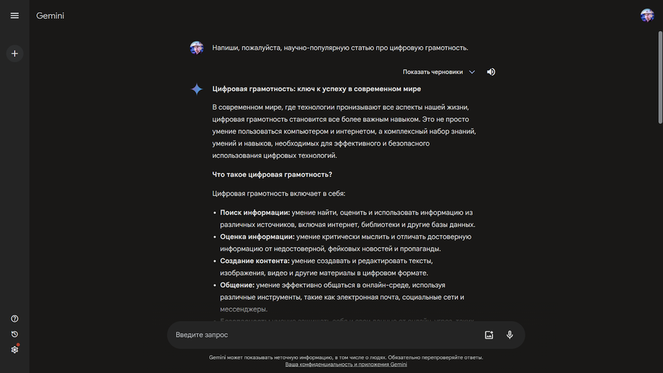 Статья про цифровую грамотность по генерации нейросети Gemini