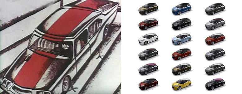 В мультфильме автомобиль перекрасили устройством, которое протянул по кузову мышонок. Сегодня цвета меняются парой кликов компьютерной мыши в конфигураторе. Справа мы видим французское разноцветное множество одного Citroen DS 3