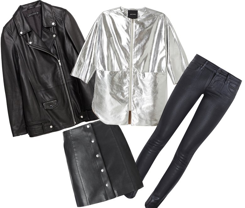 Слева направо: кожаная куртка Zara, 15 999 руб.; куртка Monki, 5 000 руб.; джинсы CITIZENS OF HUMANITY (Aizel), 24 200 руб.; юбка из искусственной кожи Mango, 2 500 руб.  