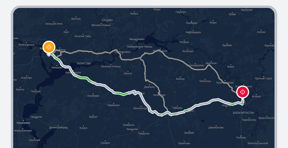 Пример маршрута в навигаторе из Казани в Уфу