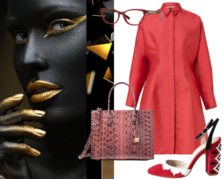 Платье DOROTHEE SCHUMACHER; очки Versace; сумка Michael Kors; туфли Polina Magiy Sandra Red