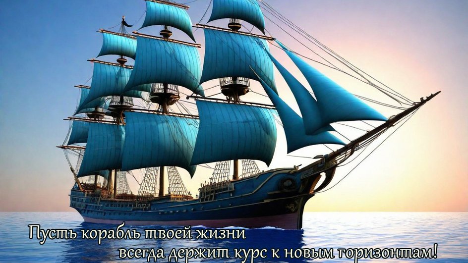 Фрегат в море и надпись: "Пусть корабль твоей жизни всегда держит курс к новым горизонтам!"