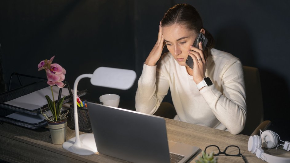 Девушка задержалась допоздна, не соблюдая work-life balance Девушка задержалась допоздна, не соблюдая work-life balance
