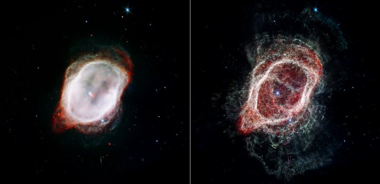 Оба снимка показывают, как в туманности распределяется очень горячий газ. Фото: NASA