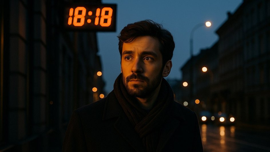 Мужчина-Рыбы стоит на улице на фоне часов, показывающие время 18:18 Мужчина-Рыбы стоит на улице на фоне часов, показывающие время 18:18