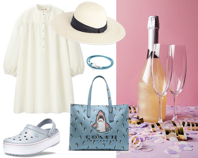 Платье Uniqlo; шляпа Uniqlo; браслет Pandora; сумка Coach; обувь Crocs
