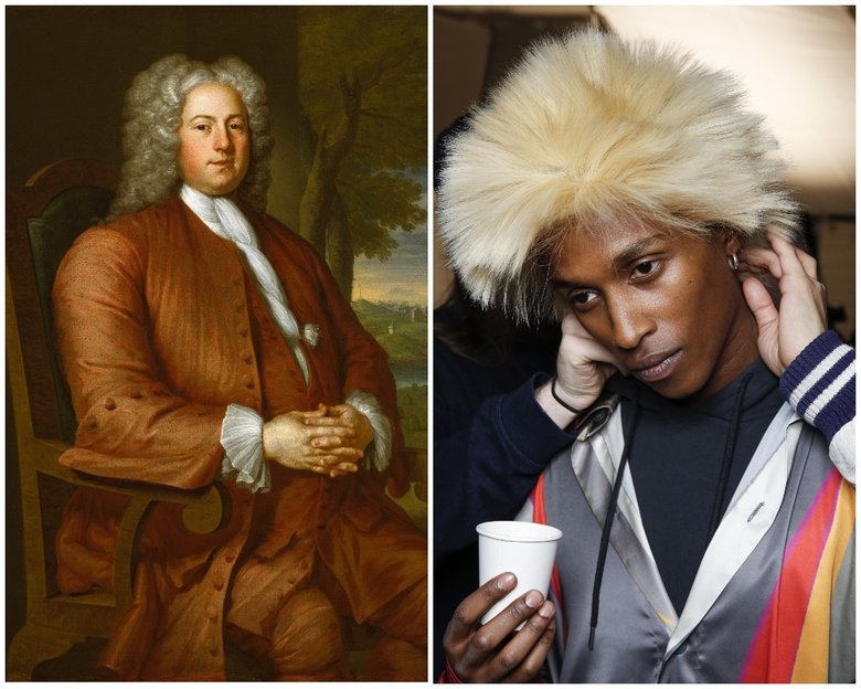 Слева: «Фрэнсис Бринли», Джон Смайберт, 1729. Справа: Kjobenhavn Backstage Paris Menswear. Autumn/Winter 2019
