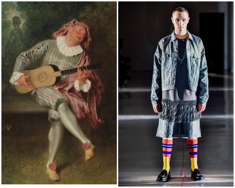 Слева: Mezzetin, Антуан Ватто, 1718-20. Справа: N.Hoolywood Fashion Show New York Menswear Spring Summer 2019