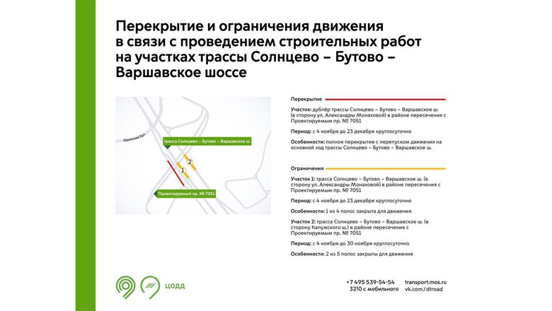 Схема ограничения движения на участках трассы Солнцево - Бутово - Варшавское шоссе.