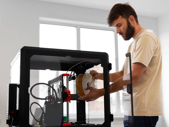 Мужчина разбирается с устройством 3D-принтера Мужчина разбирается с устройством 3D-принтера