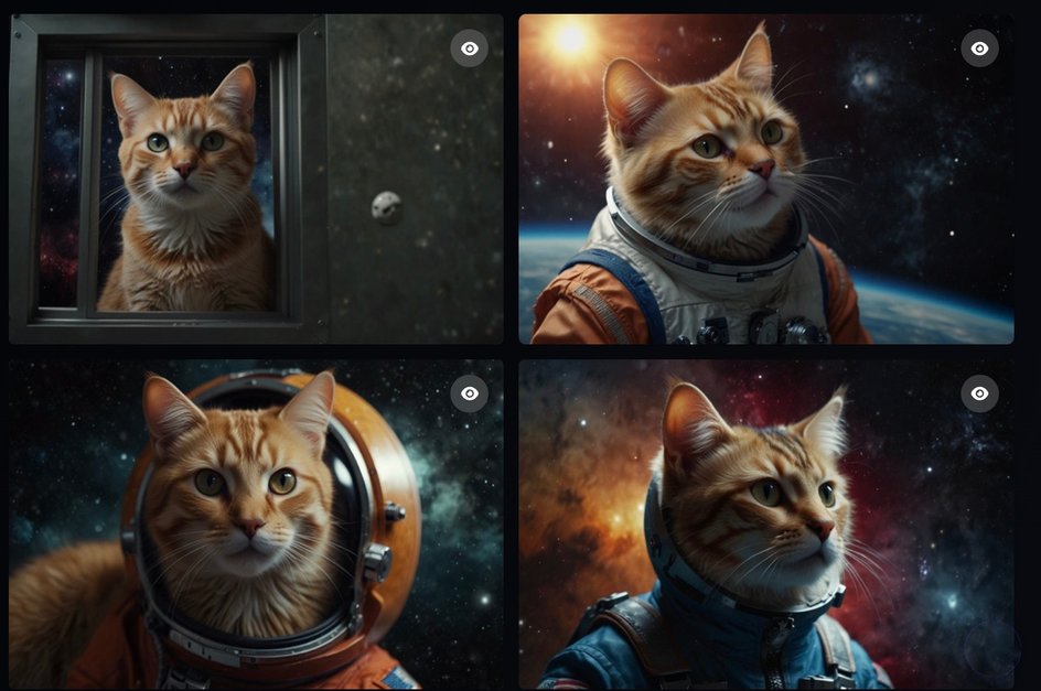 Коты в космосе, сгенерированные Leonardo.AI