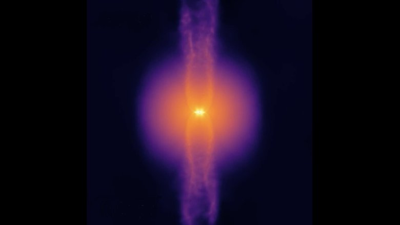 Вращающееся газовое ядро ​​схлопывается, образуя центральную звезду. Фото: Northwestern University / UT Austin