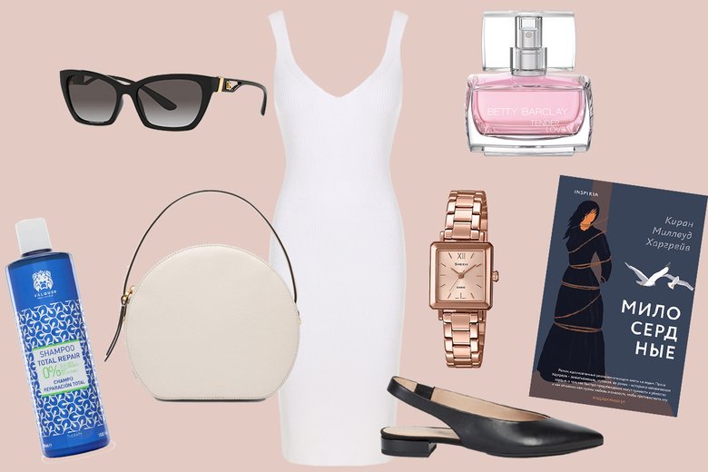 Платье AFFECTION, сумка Сoccinele JULES, балетки Geox, часы SHE-4538 Sheen, очки D&G (Luxottica Group), туалетная вода Tender Love, Betty Barclay, восстанавливающий шампунь, VALQUER, книга Киран Миллвуд Харгрейв "Милосердные" (inspiria)