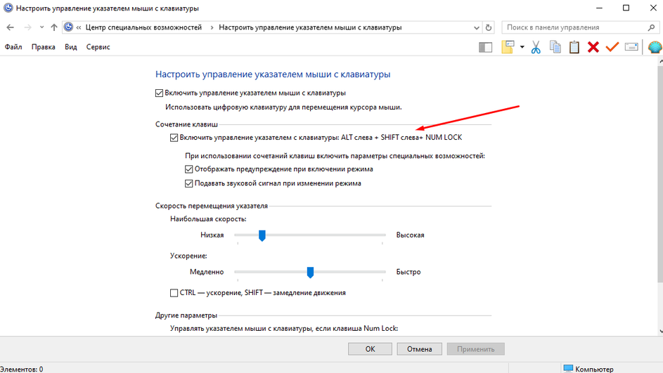 Скриншот окна настроек управления мышью с помощью клавиатуры