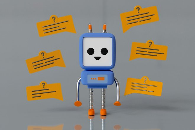 a-blue-robot-with-a-smiley-face-surrounded-by-yellow-speech-bubbles